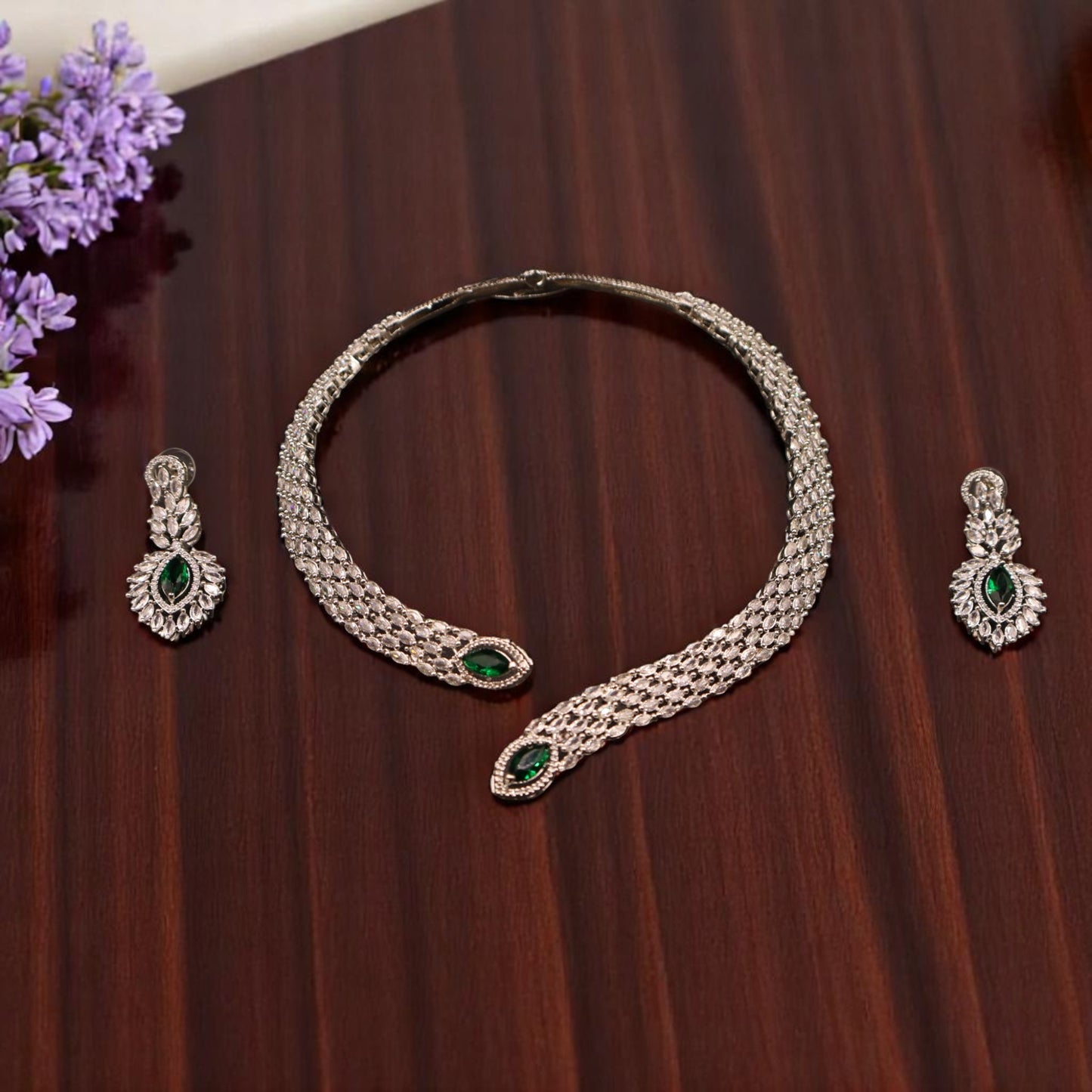 Emerald Madhavi American Diamond Hasli Necklace set