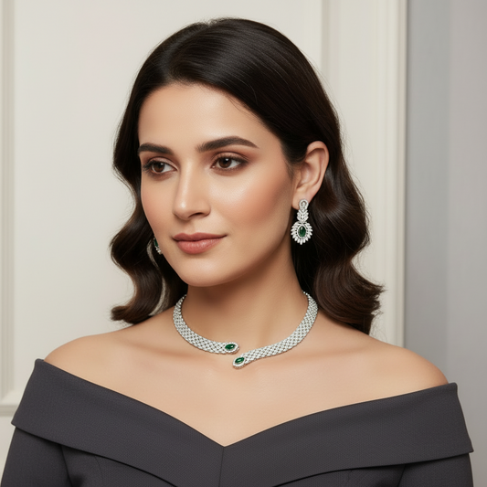 Emerald Madhavi American Diamond Hasli Necklace set