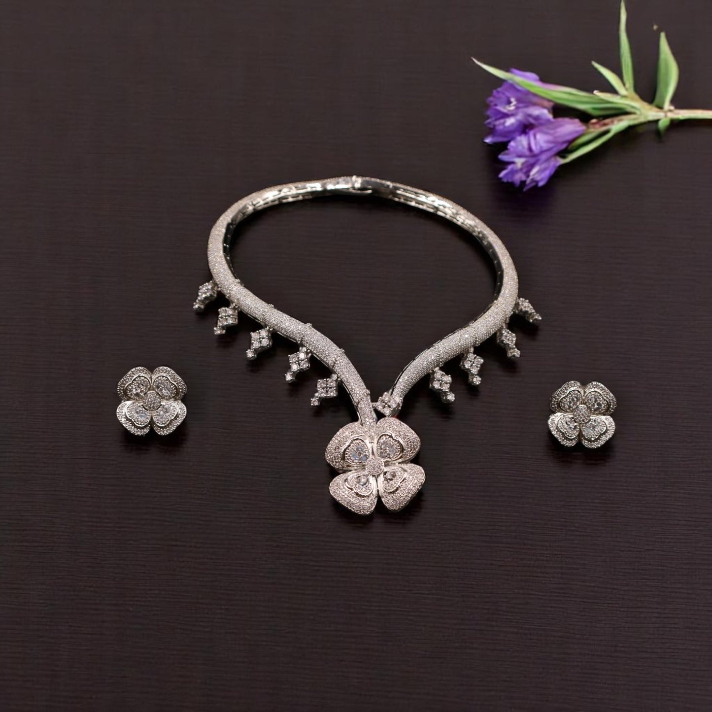 Silvery Ranjana American Diamond Hasli Necklace set