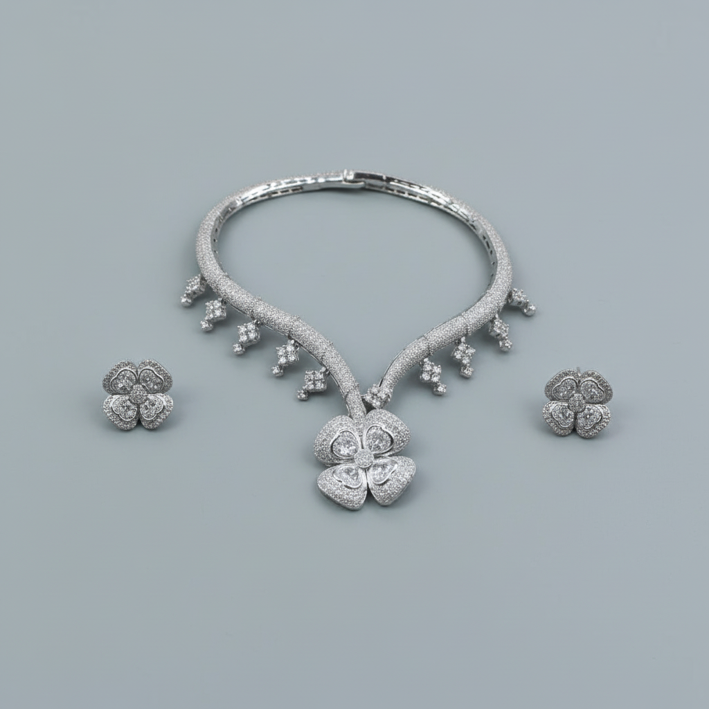 Silvery Ranjana American Diamond Hasli Necklace set