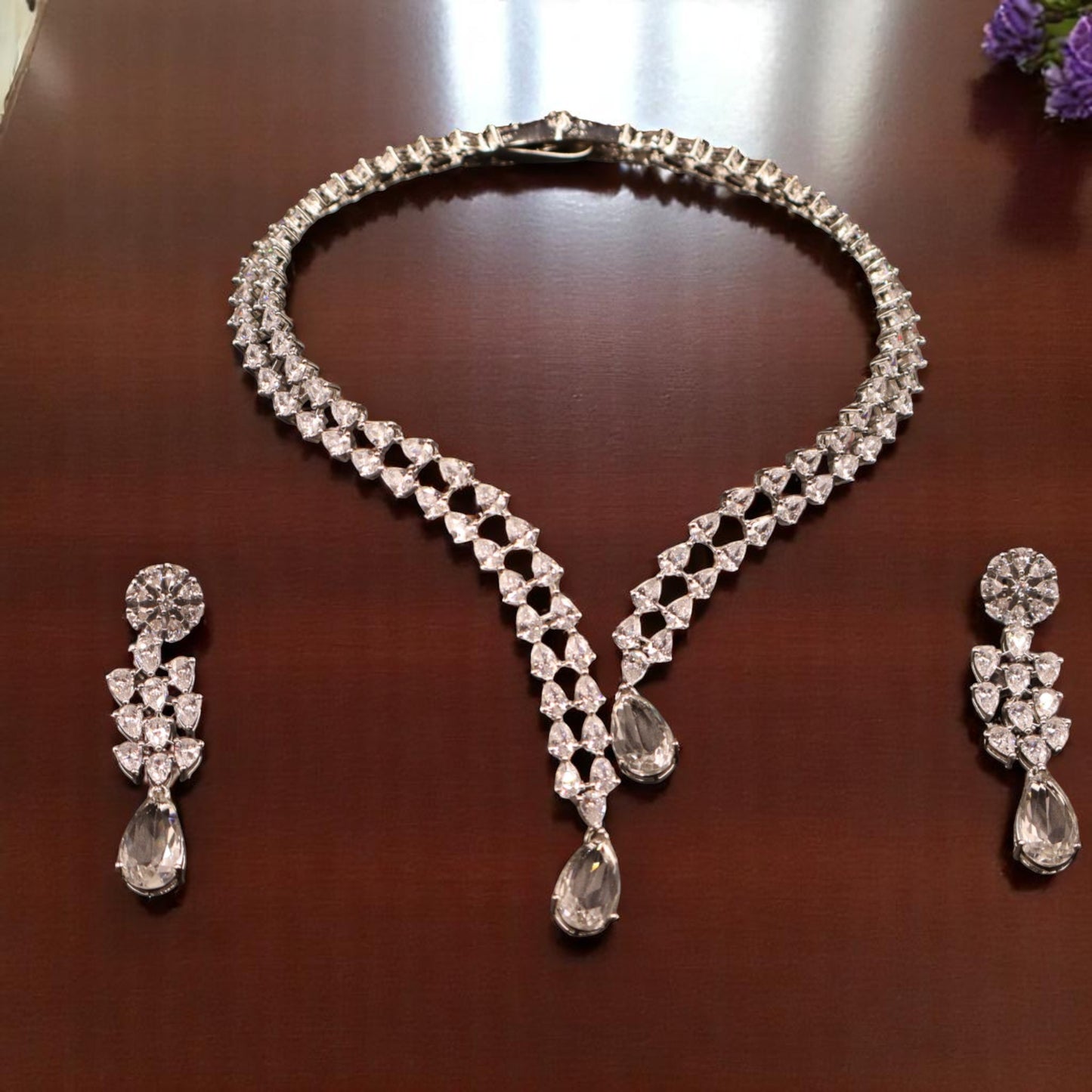 Silvery Deepali American Diamond Hasli Necklace set