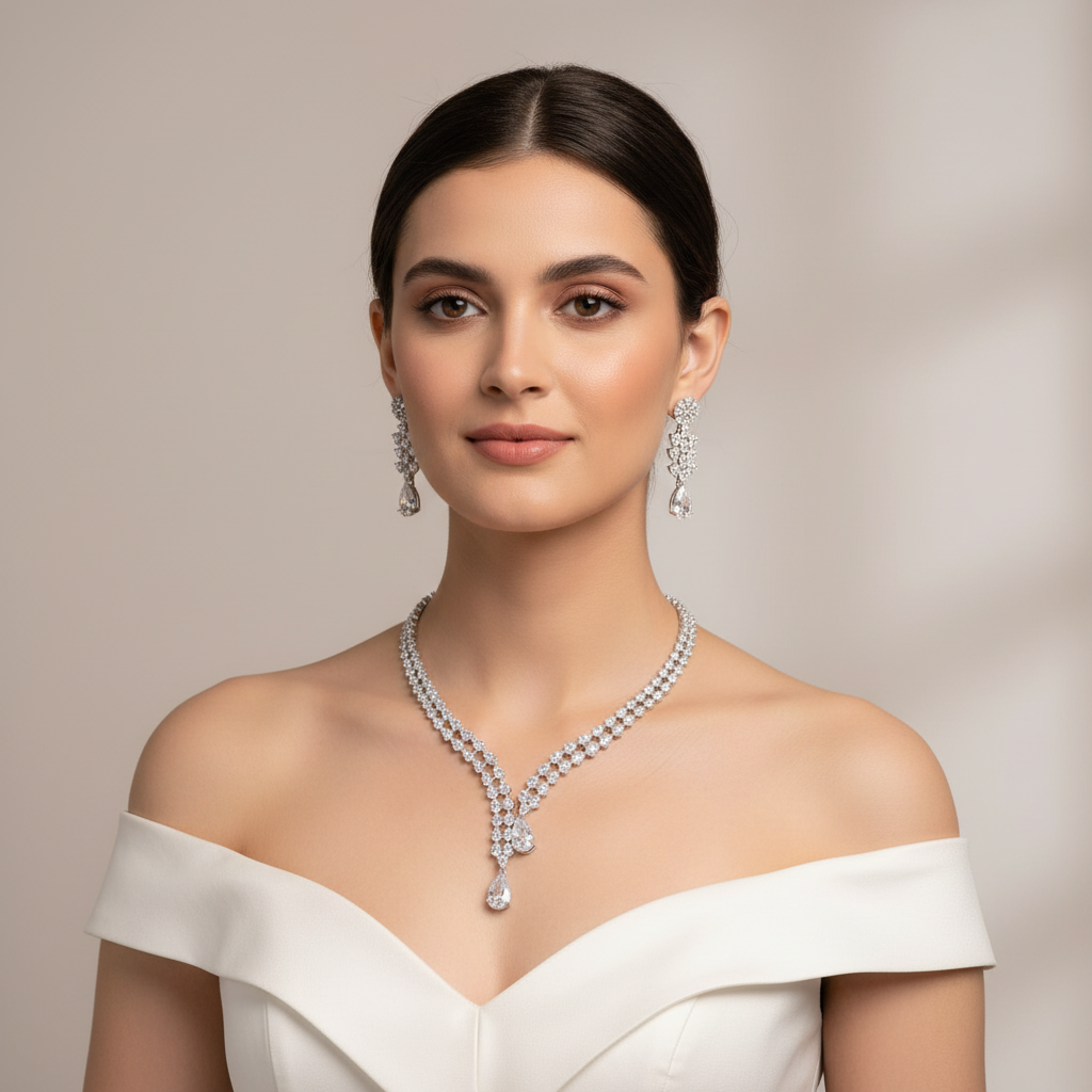 Silvery Deepali American Diamond Hasli Necklace set
