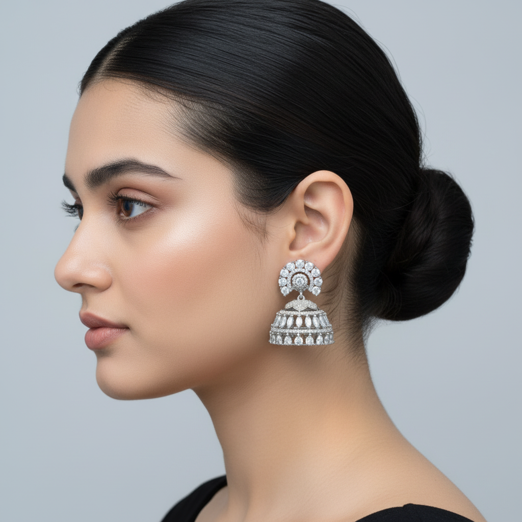 Silvery Priyadarshini  American Diamond Jhumkis