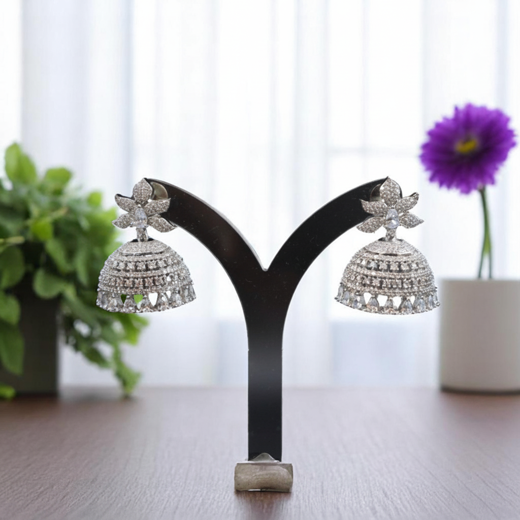 Silvery Meghavini American Diamond Jhumkis