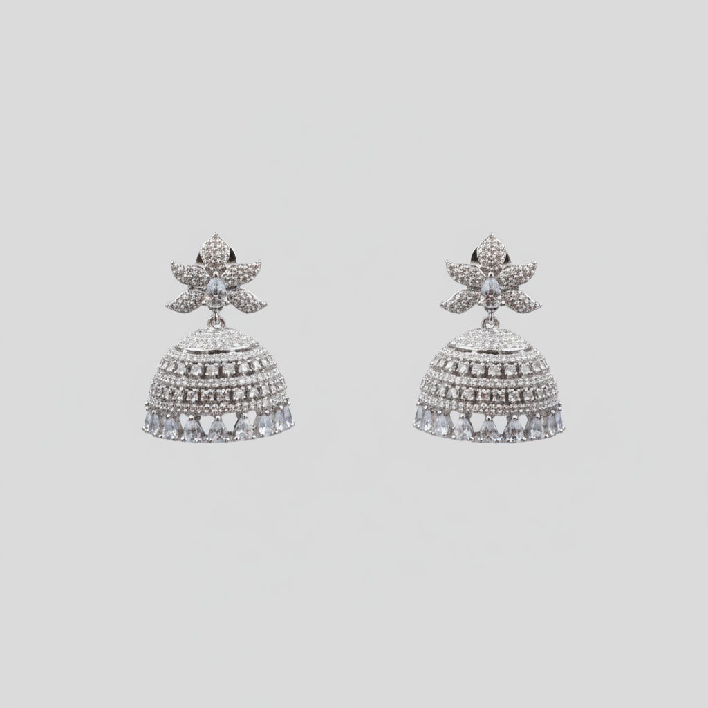Silvery Meghavini American Diamond Jhumkis