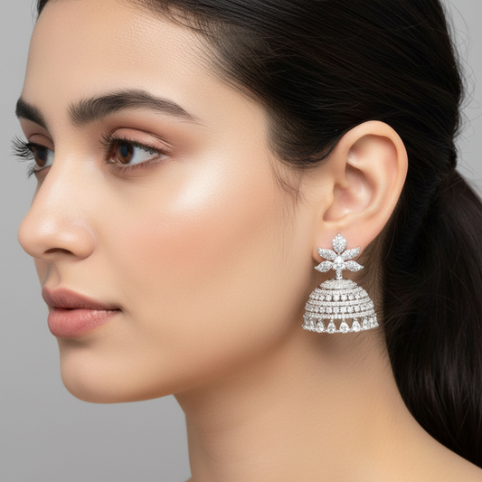 Silvery Meghavini American Diamond Jhumkis