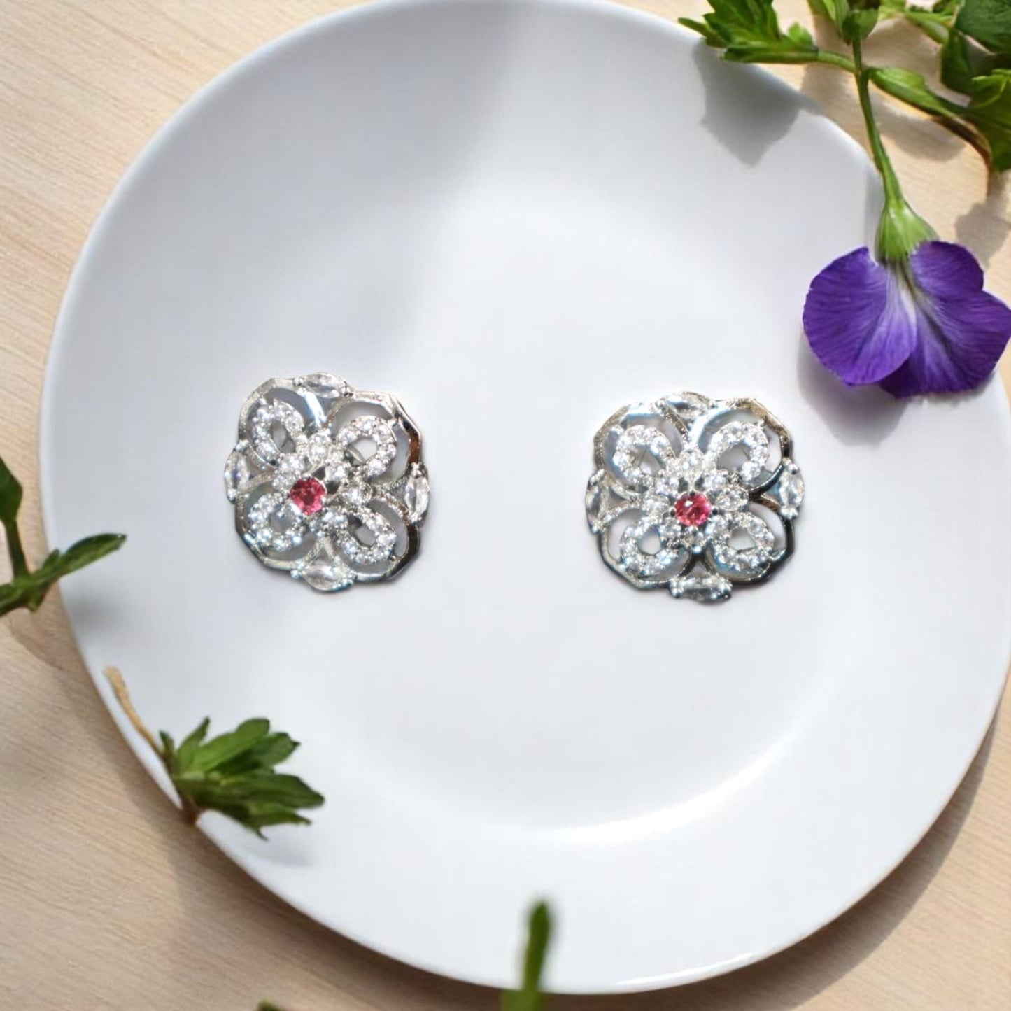 Dark Pink Ekamala American Diamond Studs