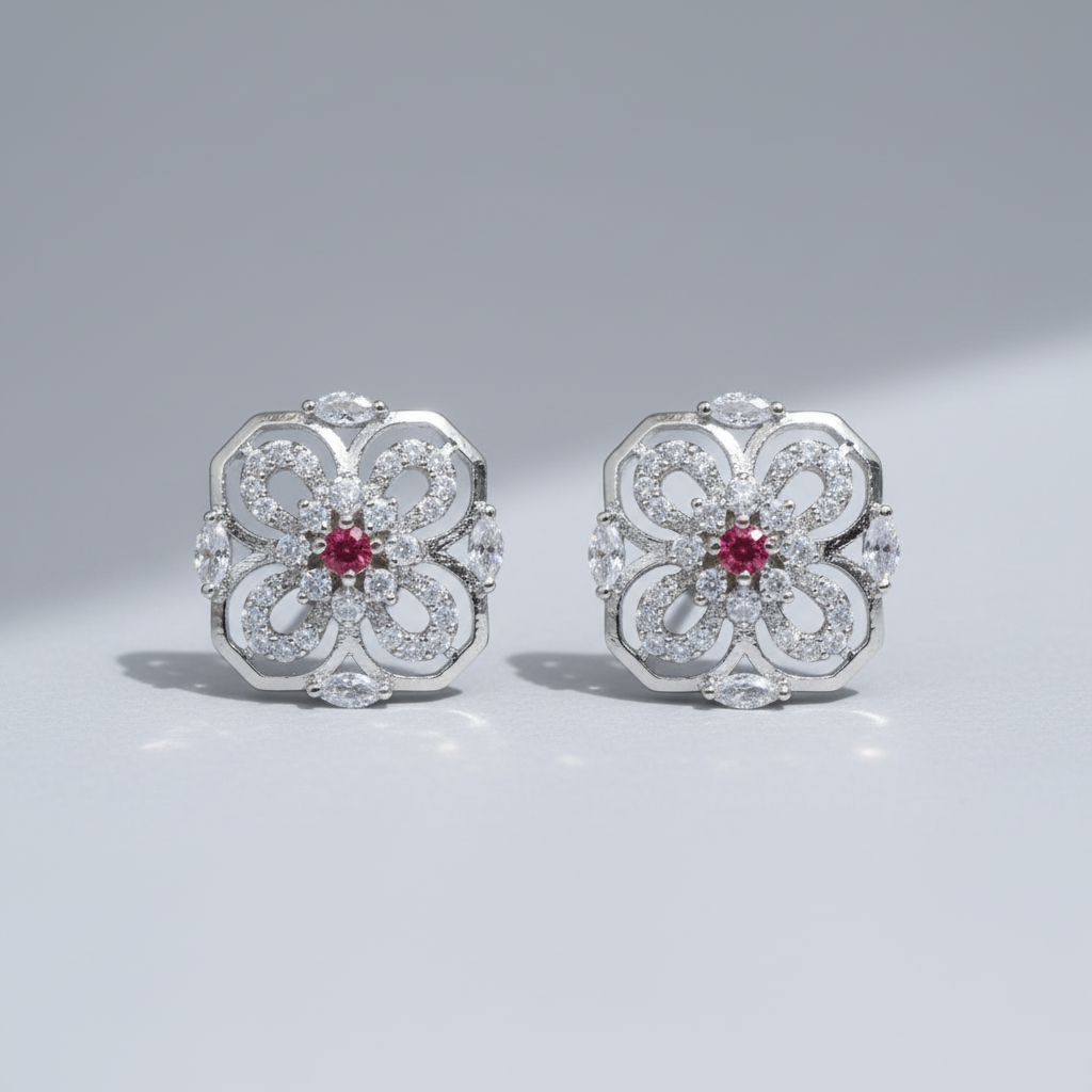 Dark Pink Ekamala American Diamond Studs