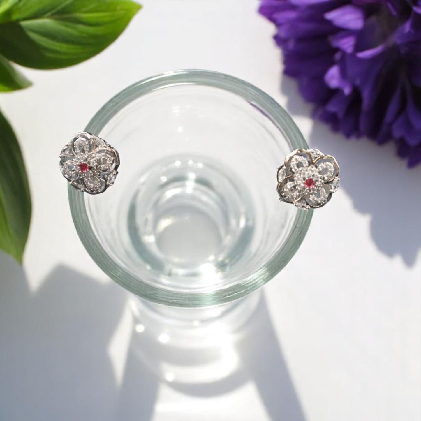 Dark Pink Ekamala American Diamond Studs