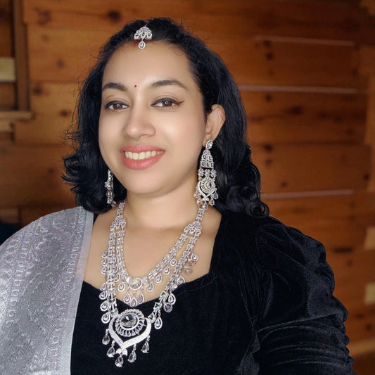 Silvery Anuradha American Diamond Necklace set with Maangtika